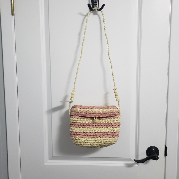 ZARA Pink Cream Straw Crossbody Shoulder Bag - Picture 1 of 9